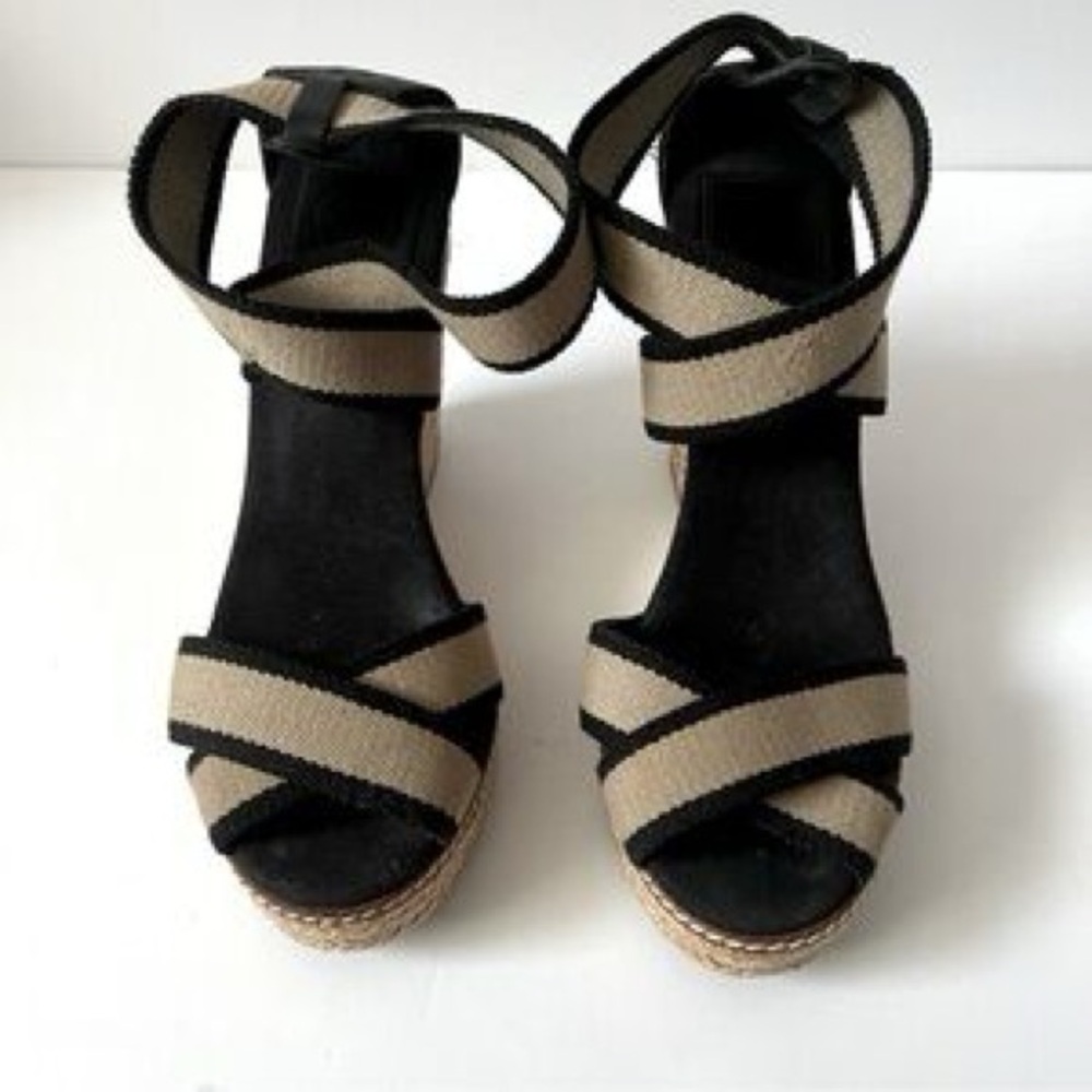 Tory Burch Espadrille Black and Tan Wedge Sandals with Crisscross Straps